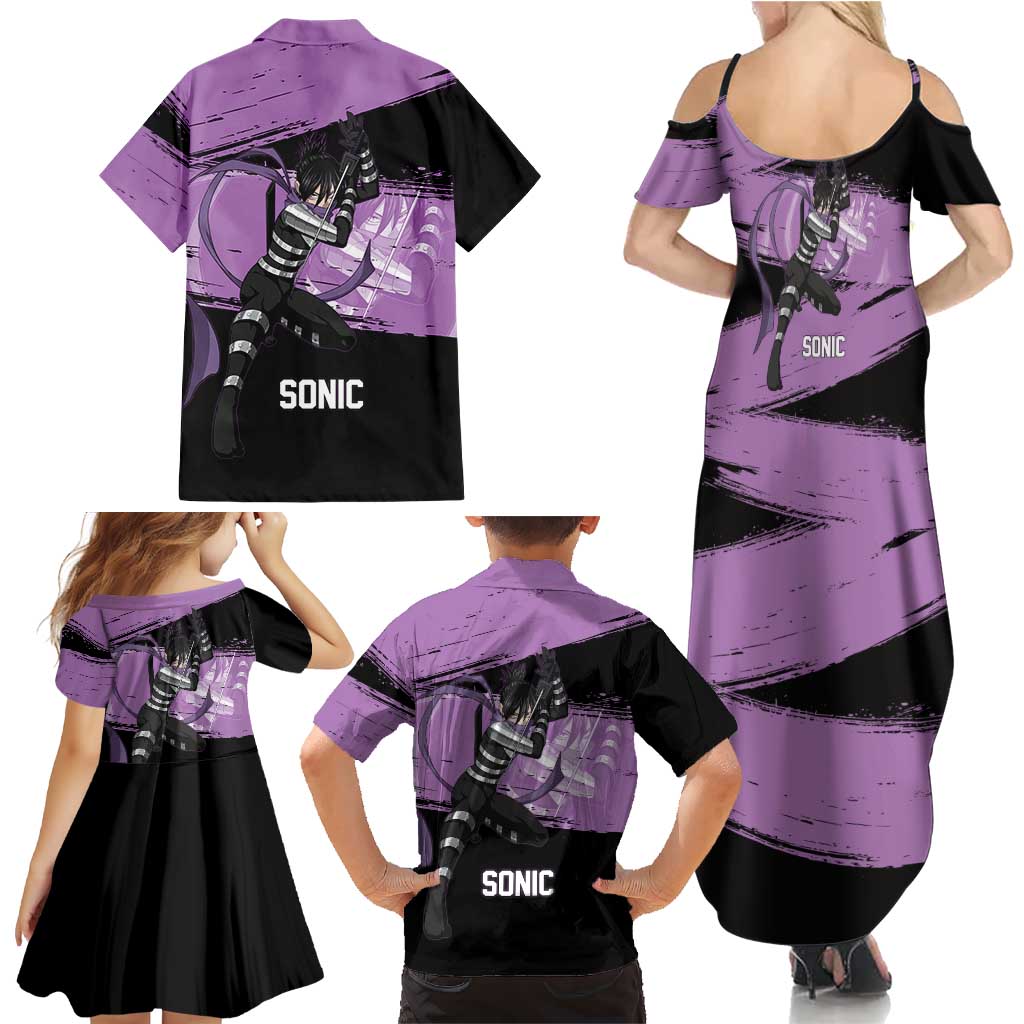 Sonic One Punch Man Anime Purple and Black Theme Family Matching Summer Maxi Dress and Hawaiian Shirt with Stealth Pose and High-Speed Ninja Design