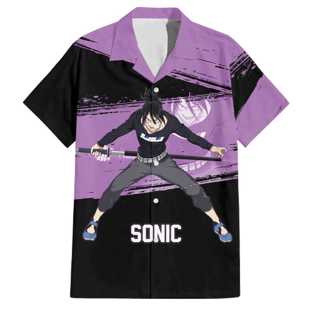 Sonic One Punch Man Anime Purple and Black Theme Family Matching Summer Maxi Dress and Hawaiian Shirt with Stealth Pose and High-Speed Ninja Design
