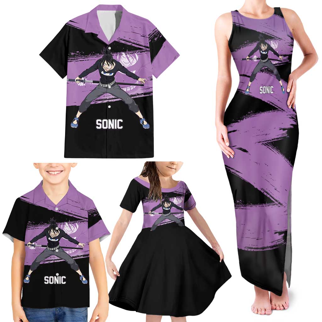 Sonic One Punch Man Anime Purple and Black Theme Family Matching Tank Maxi Dress and Hawaiian Shirt with Stealth Pose and High-Speed Ninja Design