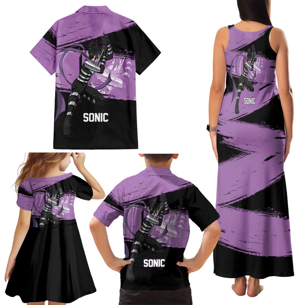 Sonic One Punch Man Anime Purple and Black Theme Family Matching Tank Maxi Dress and Hawaiian Shirt with Stealth Pose and High-Speed Ninja Design