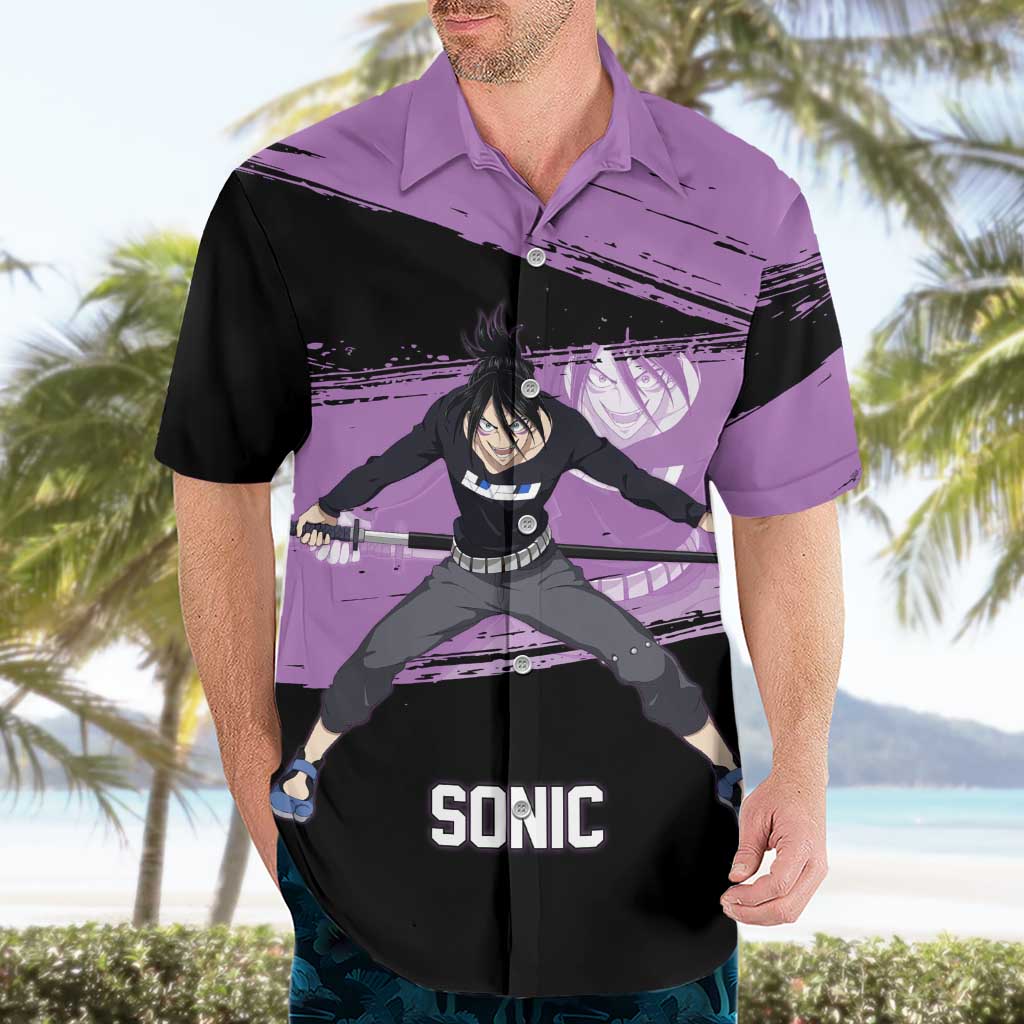 Sonic One Punch Man Anime Purple and Black Theme Hawaiian Shirt with Stealth Pose and High-Speed Ninja Design - The Mazicc