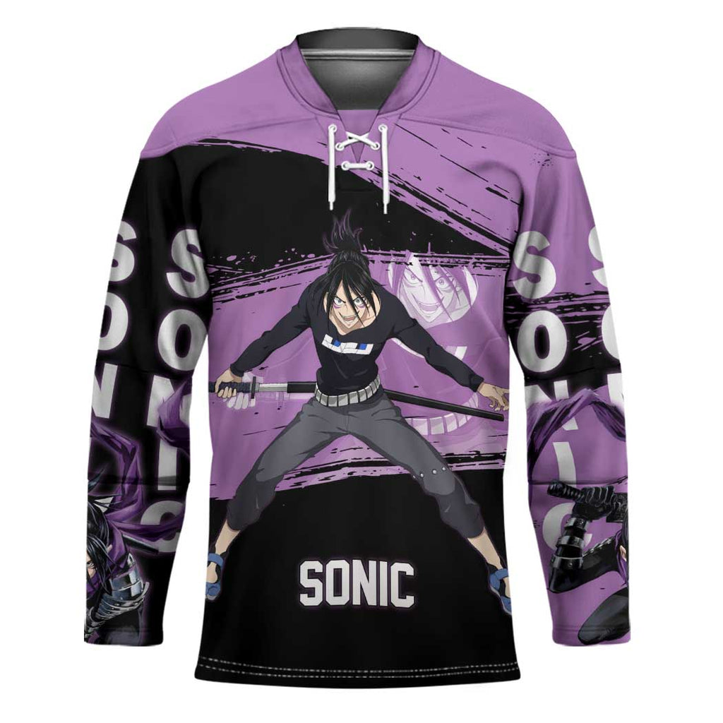 Sonic One Punch Man Anime Purple and Black Theme Hockey Jersey with Stealth Pose and High-Speed Ninja Design - The Mazicc