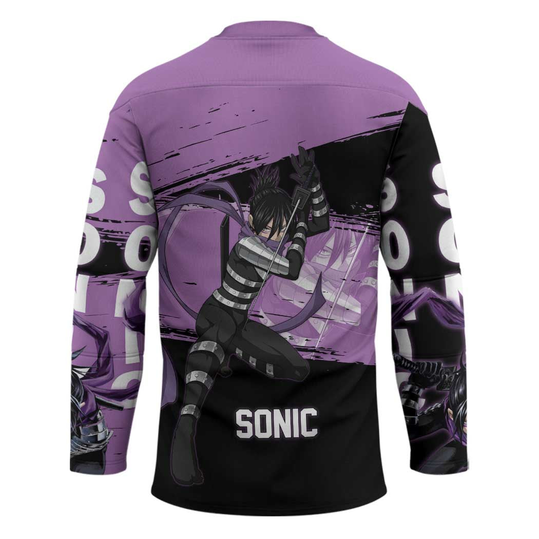 Sonic One Punch Man Anime Purple and Black Theme Hockey Jersey with Stealth Pose and High-Speed Ninja Design - The Mazicc