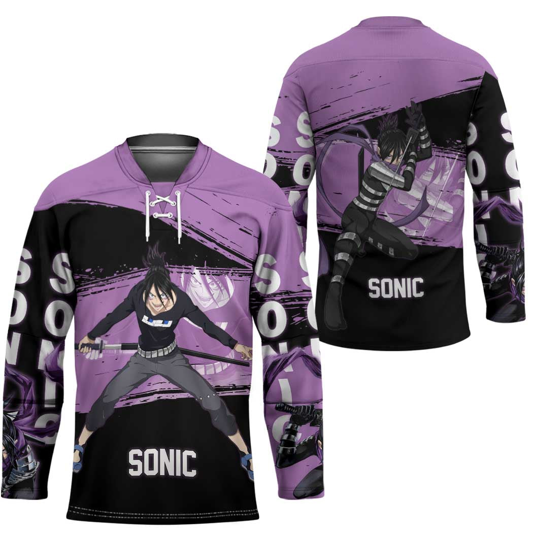 Sonic One Punch Man Anime Purple and Black Theme Hockey Jersey with Stealth Pose and High-Speed Ninja Design - The Mazicc