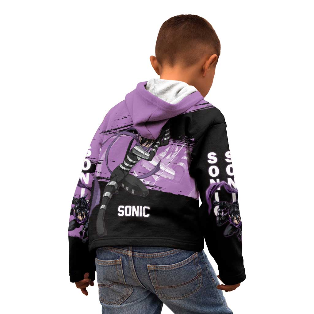 Sonic One Punch Man Anime Purple and Black Theme Kid Hoodie with Stealth Pose and High-Speed Ninja Design - The Mazicc