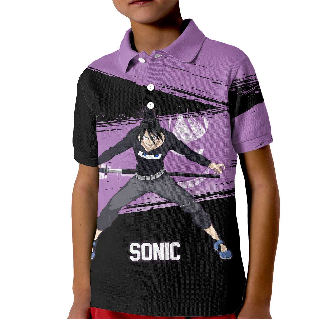 Sonic One Punch Man Anime Purple and Black Theme Kid Polo Shirt with Stealth Pose and High-Speed Ninja Design - The Mazicc