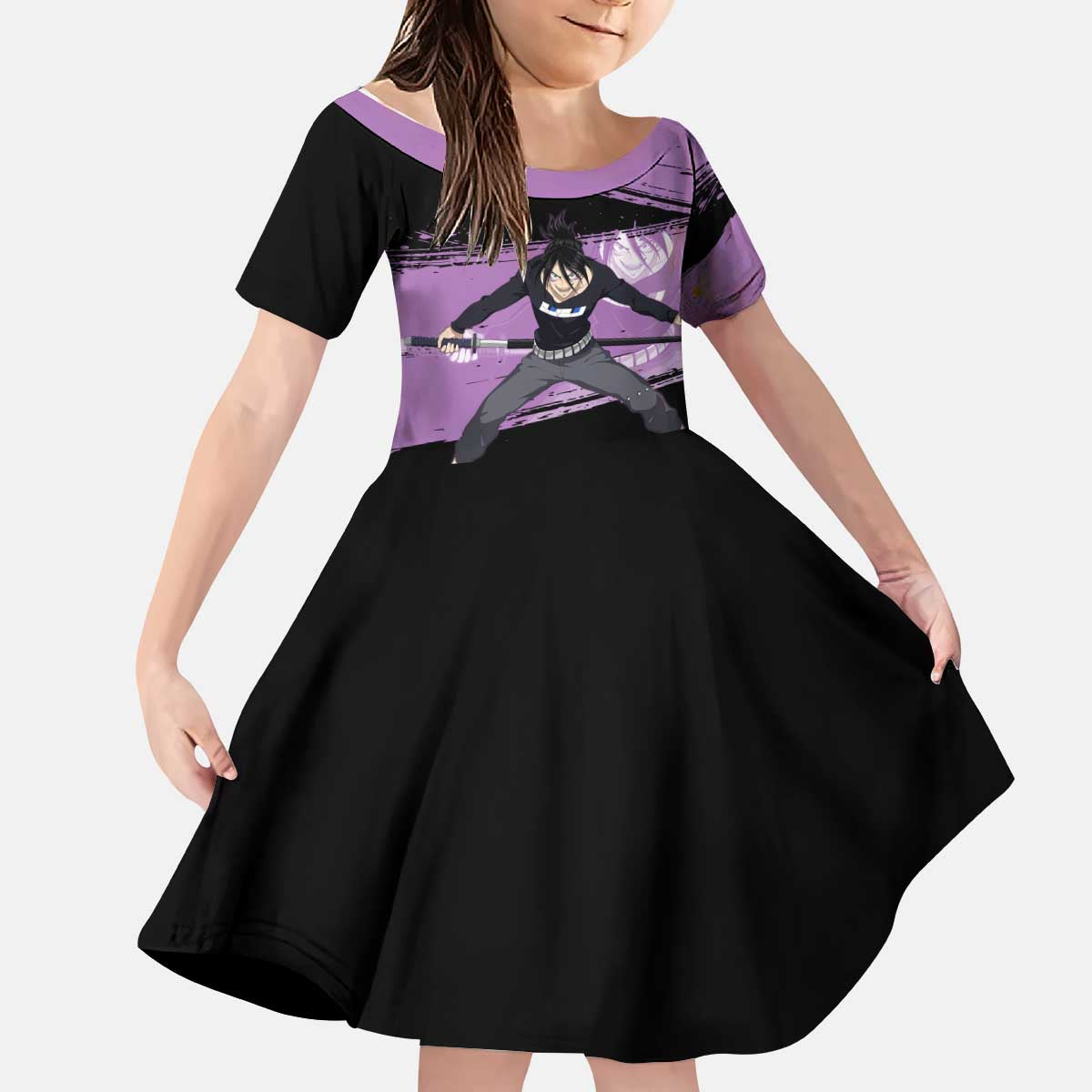 Sonic One Punch Man Anime Purple and Black Theme Kid Short Sleeve Dress with Stealth Pose and High-Speed Ninja Design - The Mazicc