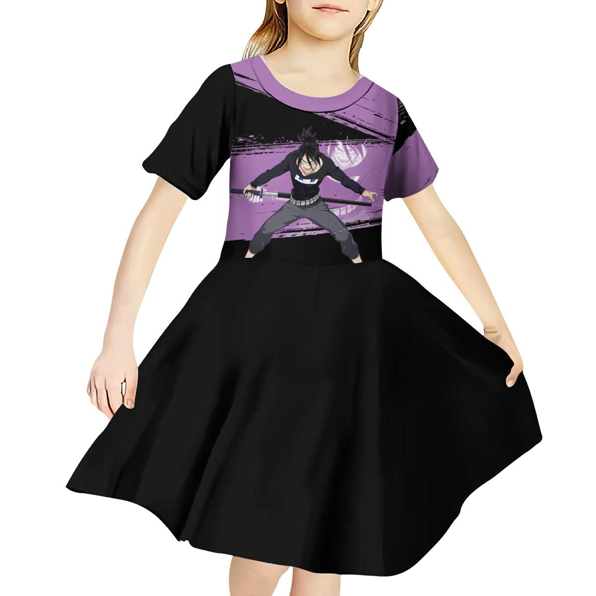 Sonic One Punch Man Anime Purple and Black Theme Kid Short Sleeve Dress with Stealth Pose and High-Speed Ninja Design - The Mazicc