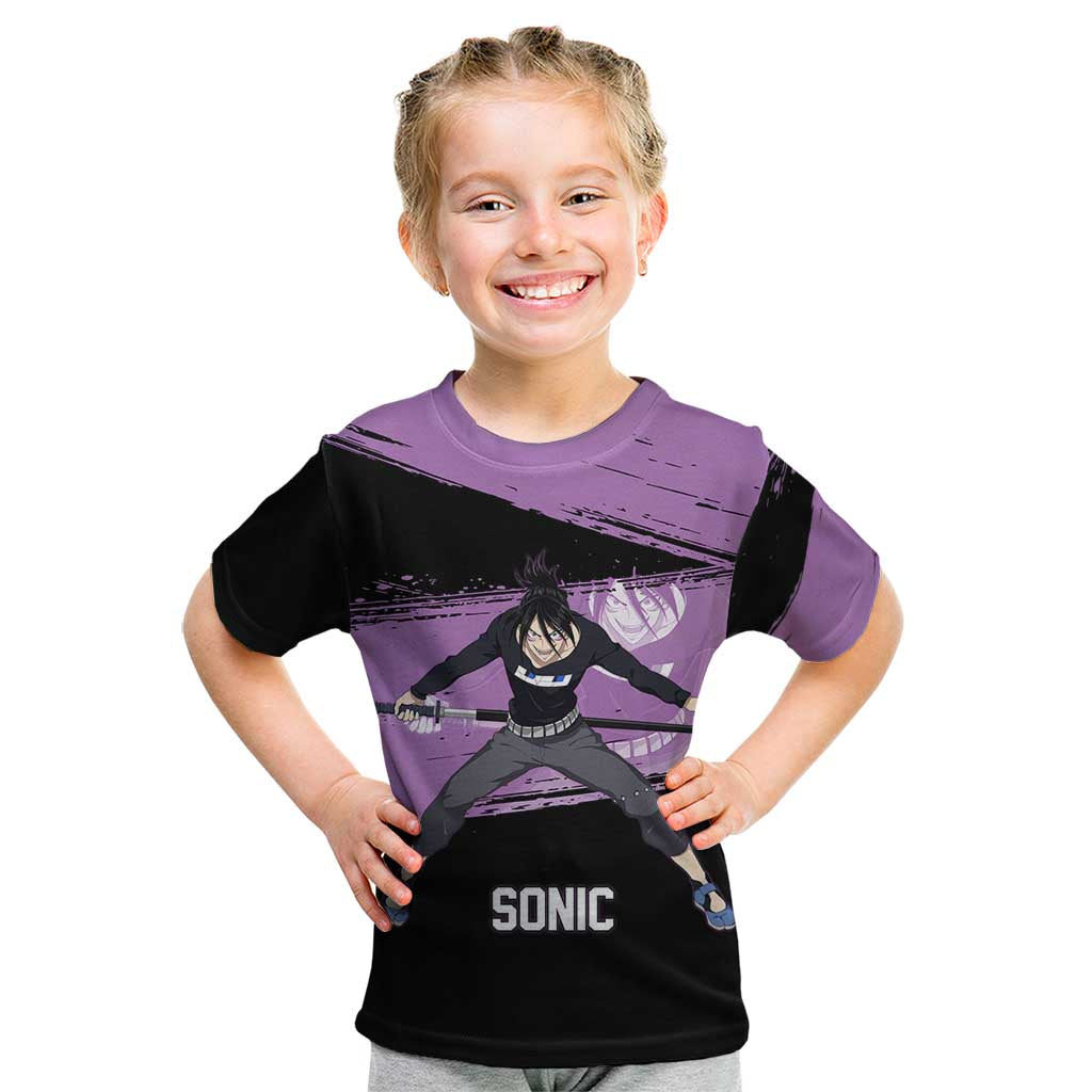 Sonic One Punch Man Anime Purple and Black Theme Kid T Shirt with Stealth Pose and High-Speed Ninja Design - The Mazicc