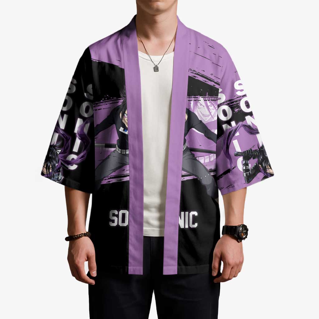 Sonic One Punch Man Anime Purple and Black Theme Kimono with Stealth Pose and High-Speed Ninja Design - The Mazicc