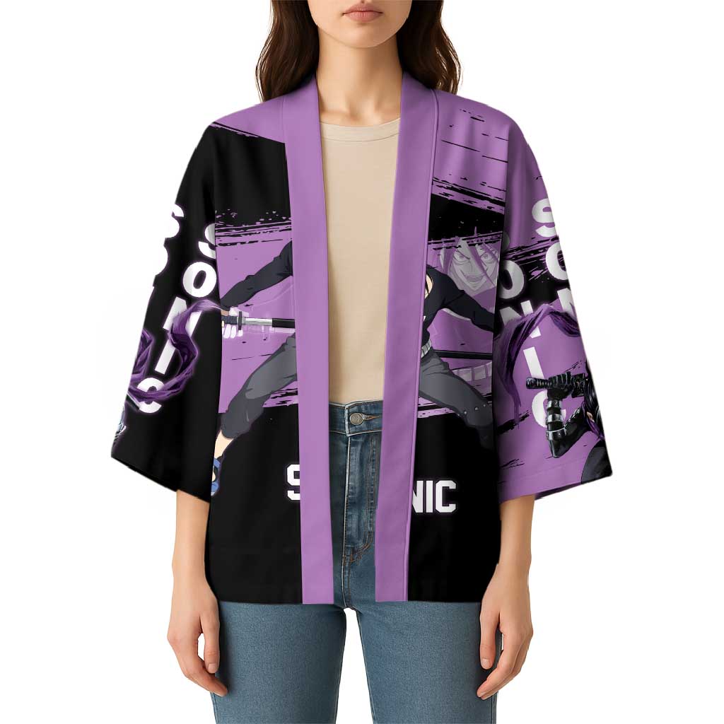 Sonic One Punch Man Anime Purple and Black Theme Kimono with Stealth Pose and High-Speed Ninja Design - The Mazicc
