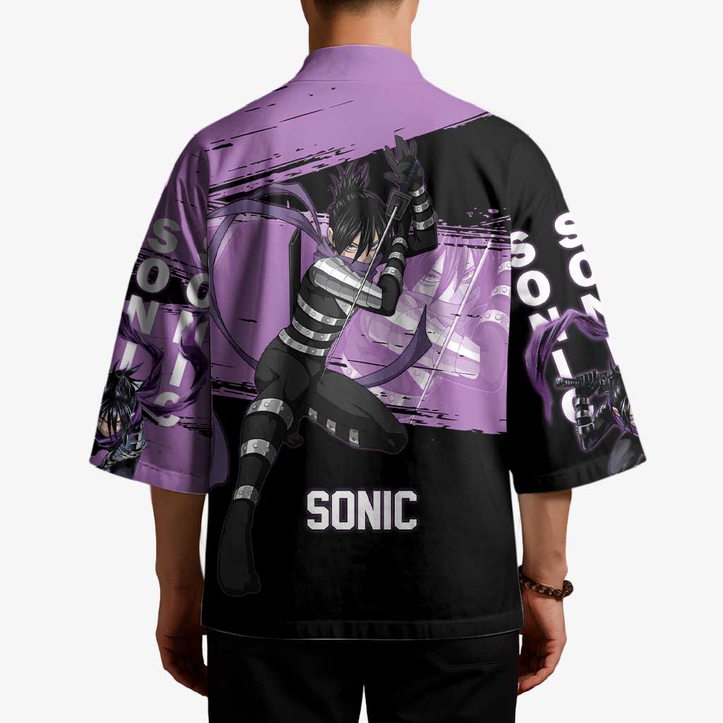 Sonic One Punch Man Anime Purple and Black Theme Kimono with Stealth Pose and High-Speed Ninja Design - The Mazicc