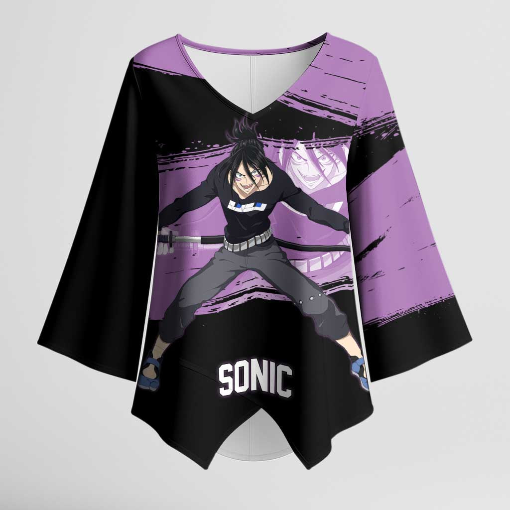 Sonic One Punch Man Anime Purple and Black Theme Kimono Sleeve Blouse with Stealth Pose and High-Speed Ninja Design - The Mazicc