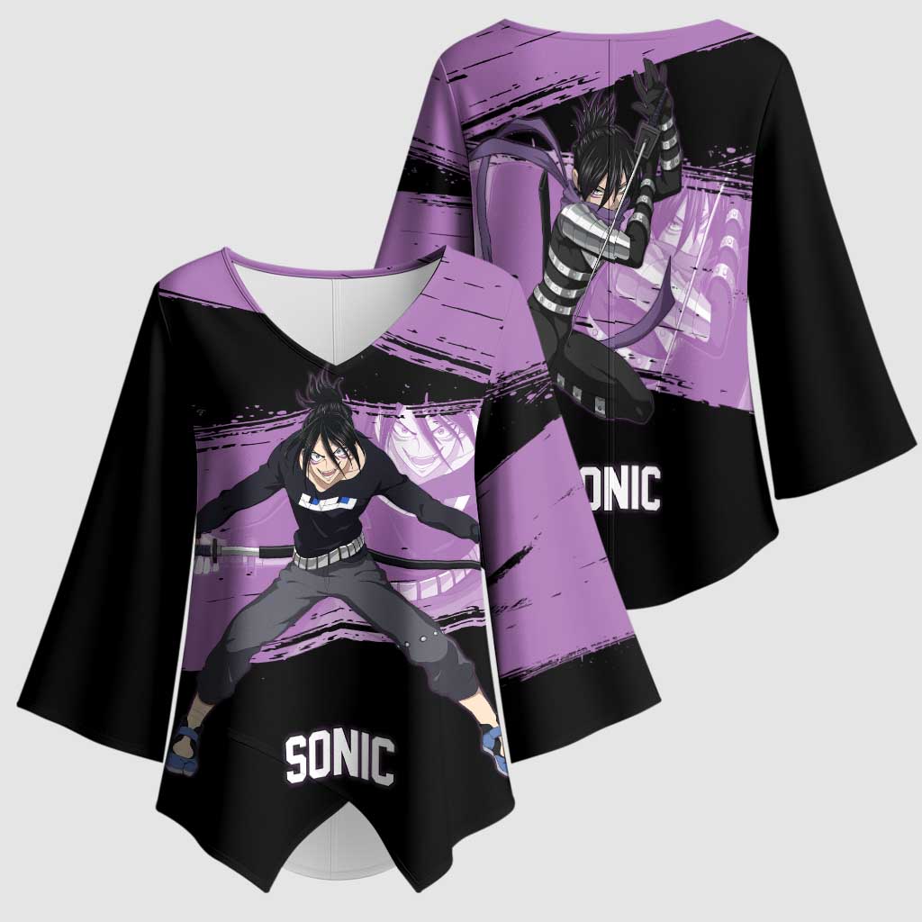 Sonic One Punch Man Anime Purple and Black Theme Kimono Sleeve Blouse with Stealth Pose and High-Speed Ninja Design - The Mazicc