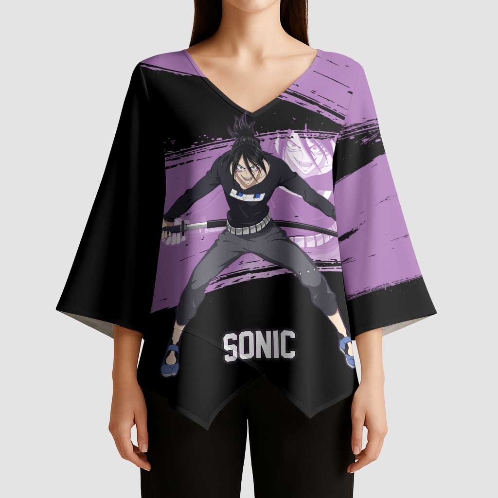 Sonic One Punch Man Anime Purple and Black Theme Kimono Sleeve Blouse with Stealth Pose and High-Speed Ninja Design - The Mazicc
