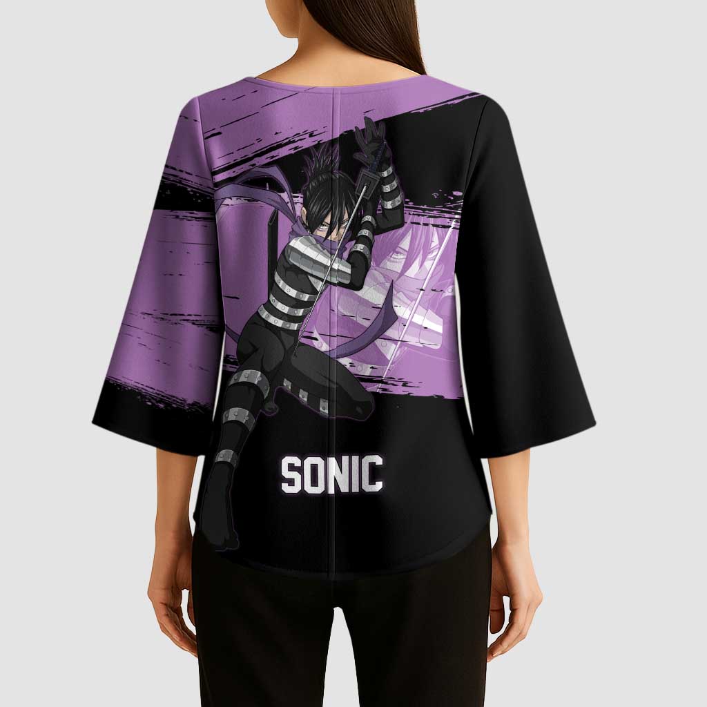 Sonic One Punch Man Anime Purple and Black Theme Kimono Sleeve Blouse with Stealth Pose and High-Speed Ninja Design - The Mazicc