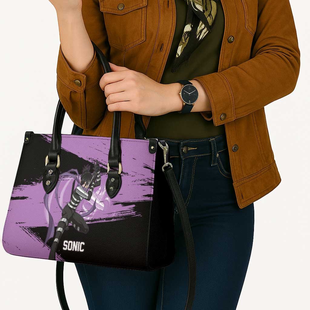 Sonic One Punch Man Anime Purple and Black Theme Leather Bag with Stealth Pose and High-Speed Ninja Design - The Mazicc