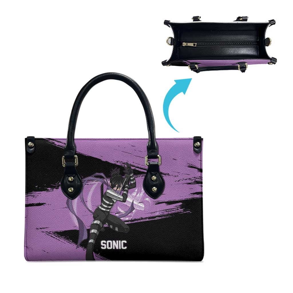 Sonic One Punch Man Anime Purple and Black Theme Leather Bag with Stealth Pose and High-Speed Ninja Design - The Mazicc