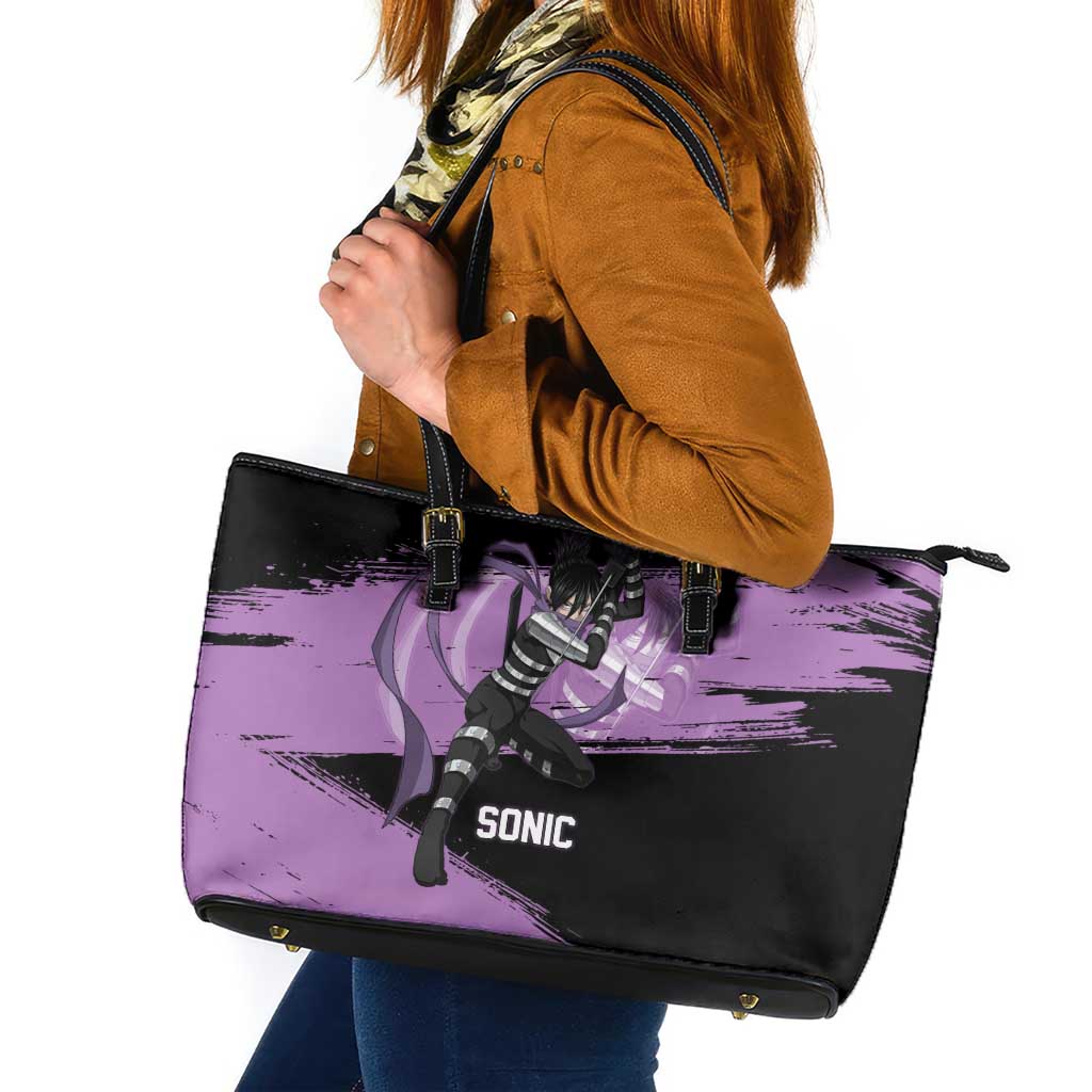 Sonic One Punch Man Anime Purple and Black Theme Leather Tote Bag with Stealth Pose and High-Speed Ninja Design - The Mazicc