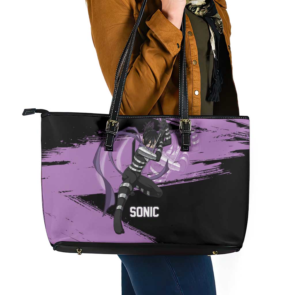 Sonic One Punch Man Anime Purple and Black Theme Leather Tote Bag with Stealth Pose and High-Speed Ninja Design - The Mazicc