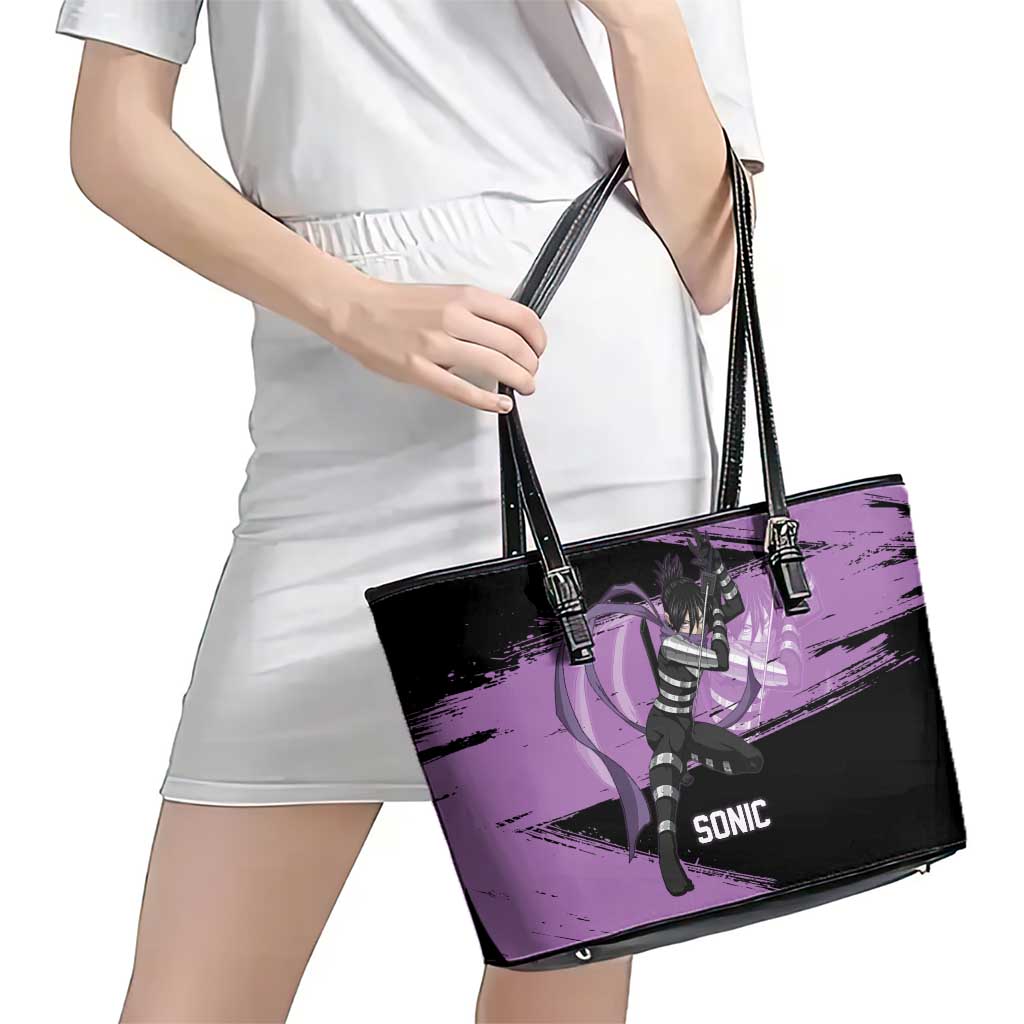 Sonic One Punch Man Anime Purple and Black Theme Leather Tote Bag with Stealth Pose and High-Speed Ninja Design - The Mazicc