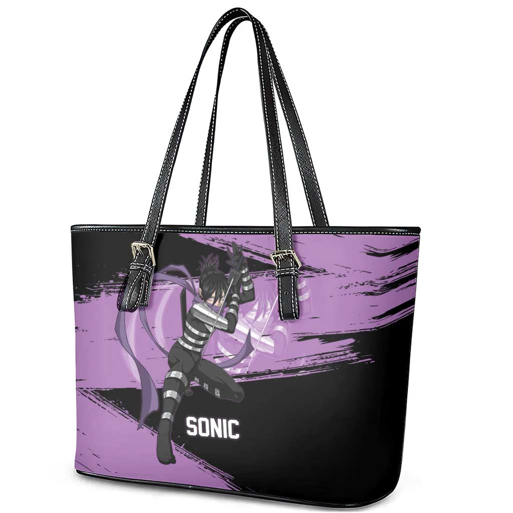 Sonic One Punch Man Anime Purple and Black Theme Leather Tote Bag with Stealth Pose and High-Speed Ninja Design - The Mazicc