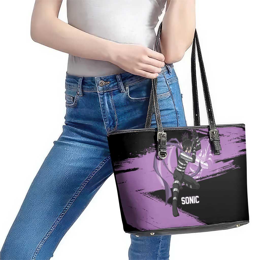 Sonic One Punch Man Anime Purple and Black Theme Leather Tote Bag with Stealth Pose and High-Speed Ninja Design - The Mazicc