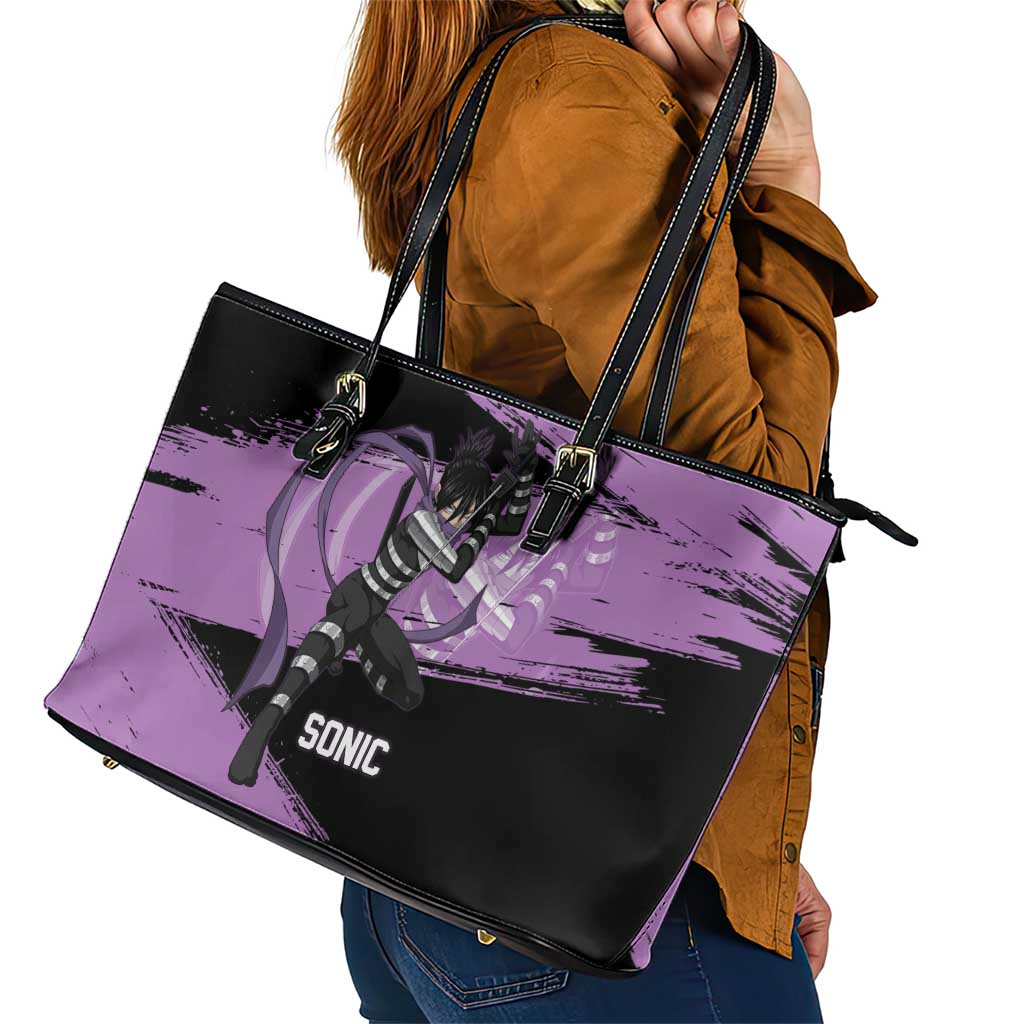 Sonic One Punch Man Anime Purple and Black Theme Leather Tote Bag with Stealth Pose and High-Speed Ninja Design - The Mazicc