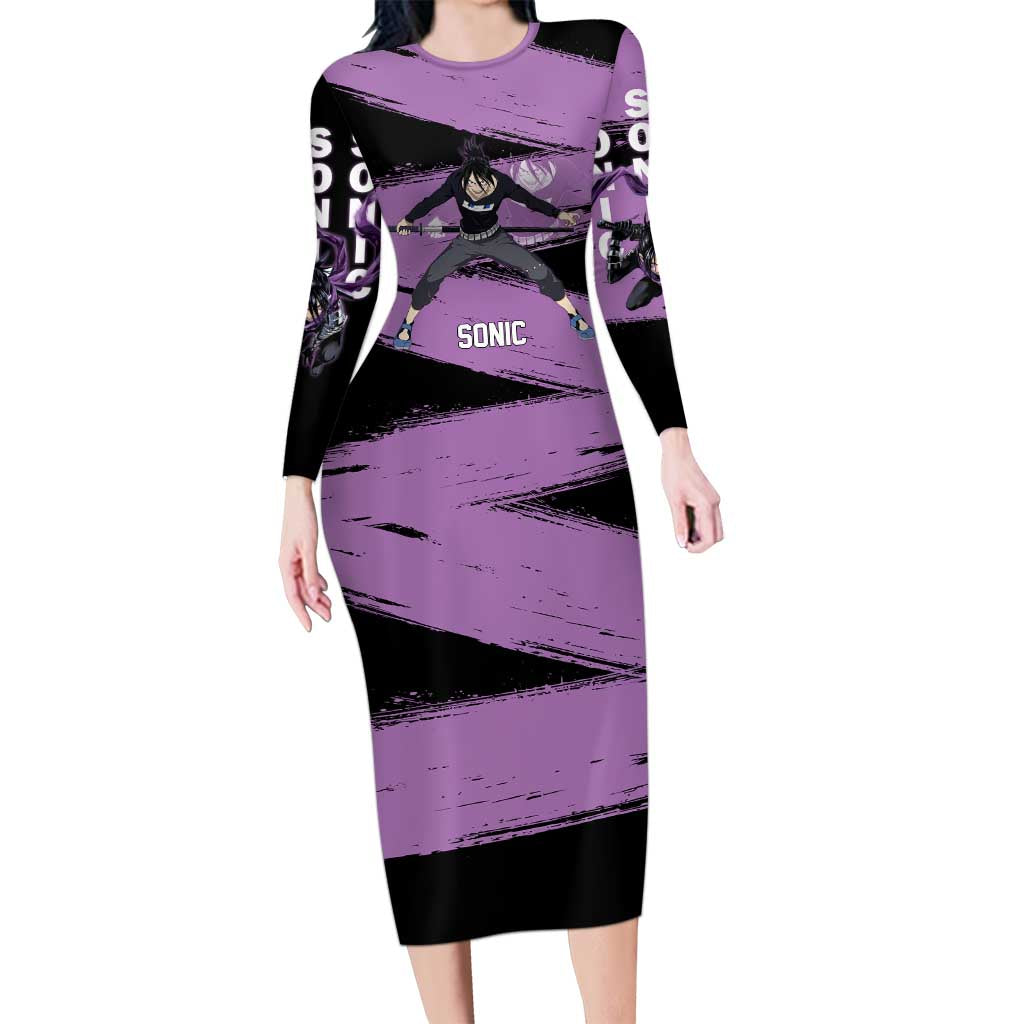 Sonic One Punch Man Anime Purple and Black Theme Long Sleeve Bodycon Dress with Stealth Pose and High-Speed Ninja Design - The Mazicc