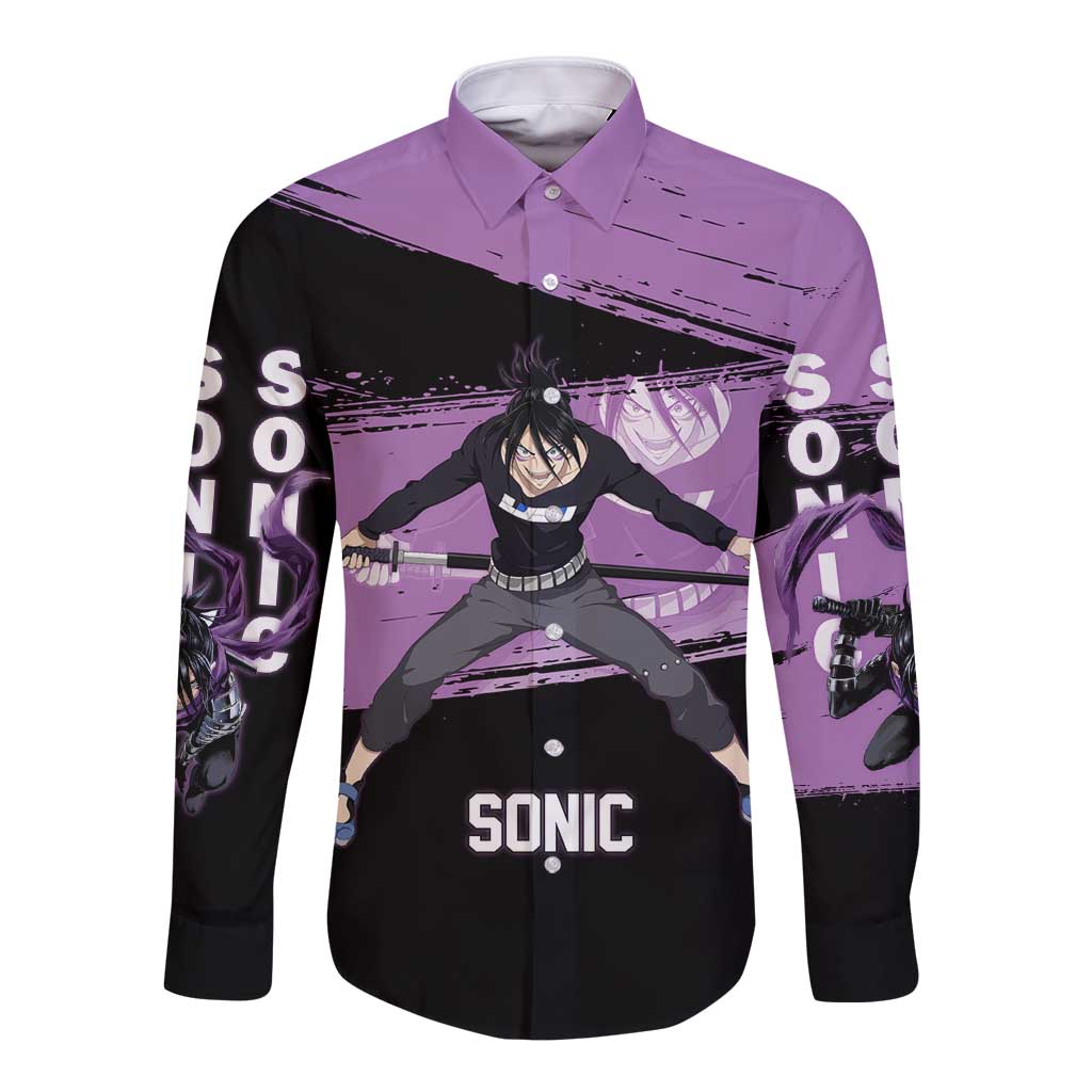 Sonic One Punch Man Anime Purple and Black Theme Long Sleeve Button Shirt with Stealth Pose and High-Speed Ninja Design - The Mazicc
