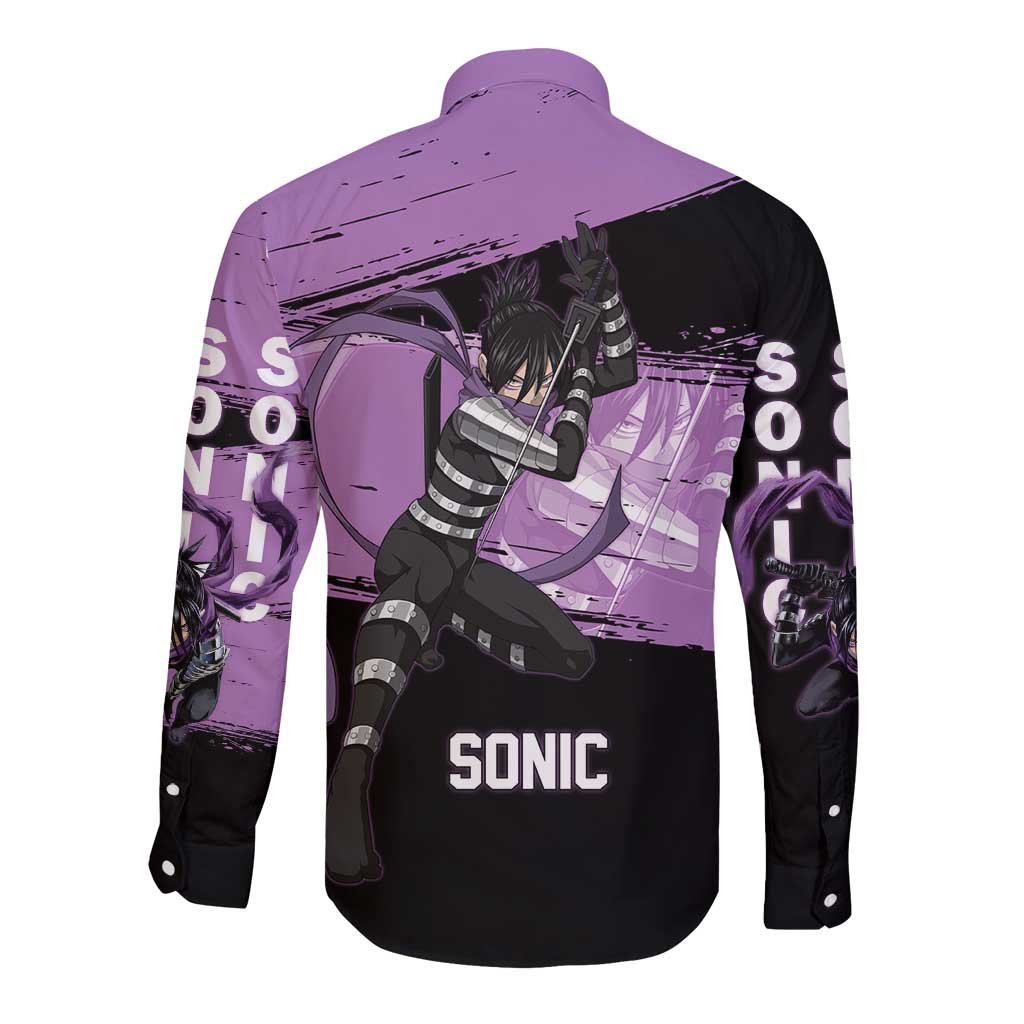 Sonic One Punch Man Anime Purple and Black Theme Long Sleeve Button Shirt with Stealth Pose and High-Speed Ninja Design - The Mazicc