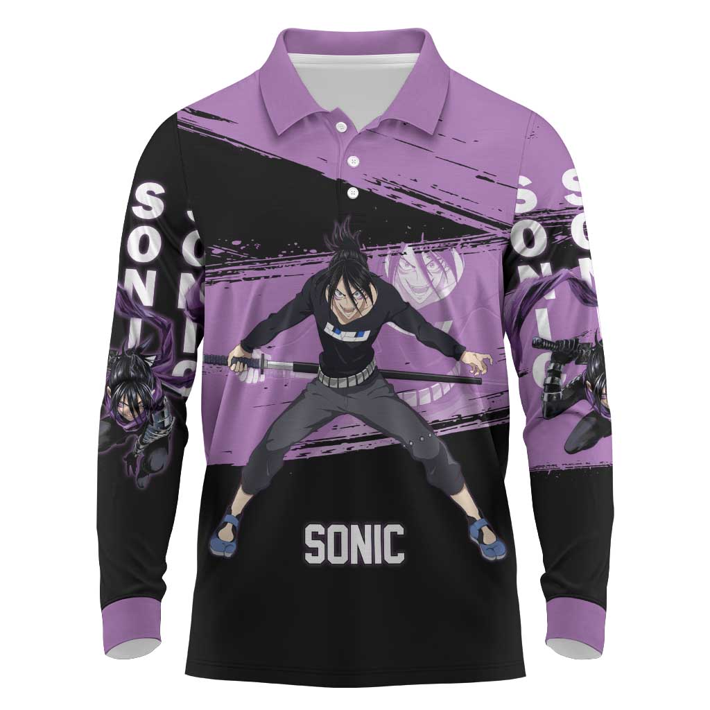 Sonic One Punch Man Anime Purple and Black Theme Long Sleeve Polo Shirt with Stealth Pose and High-Speed Ninja Design - The Mazicc