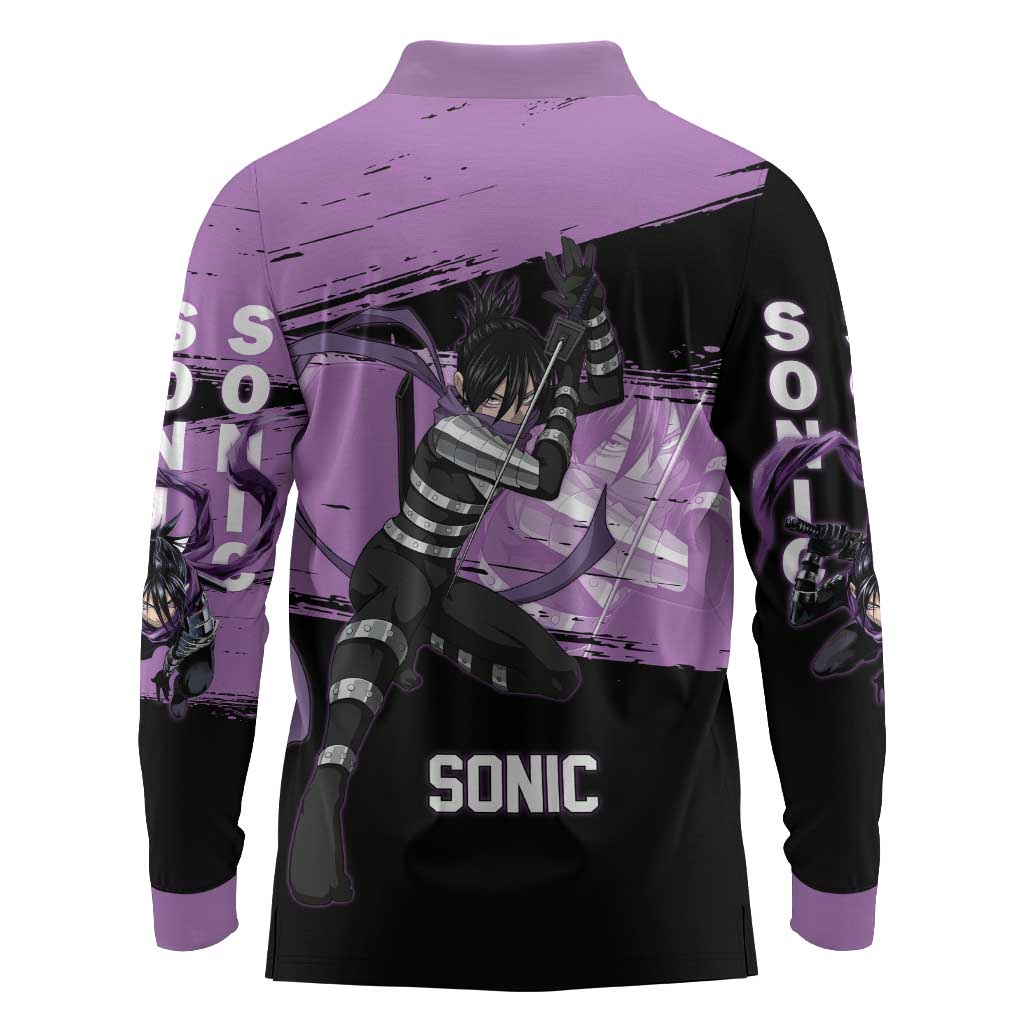 Sonic One Punch Man Anime Purple and Black Theme Long Sleeve Polo Shirt with Stealth Pose and High-Speed Ninja Design - The Mazicc