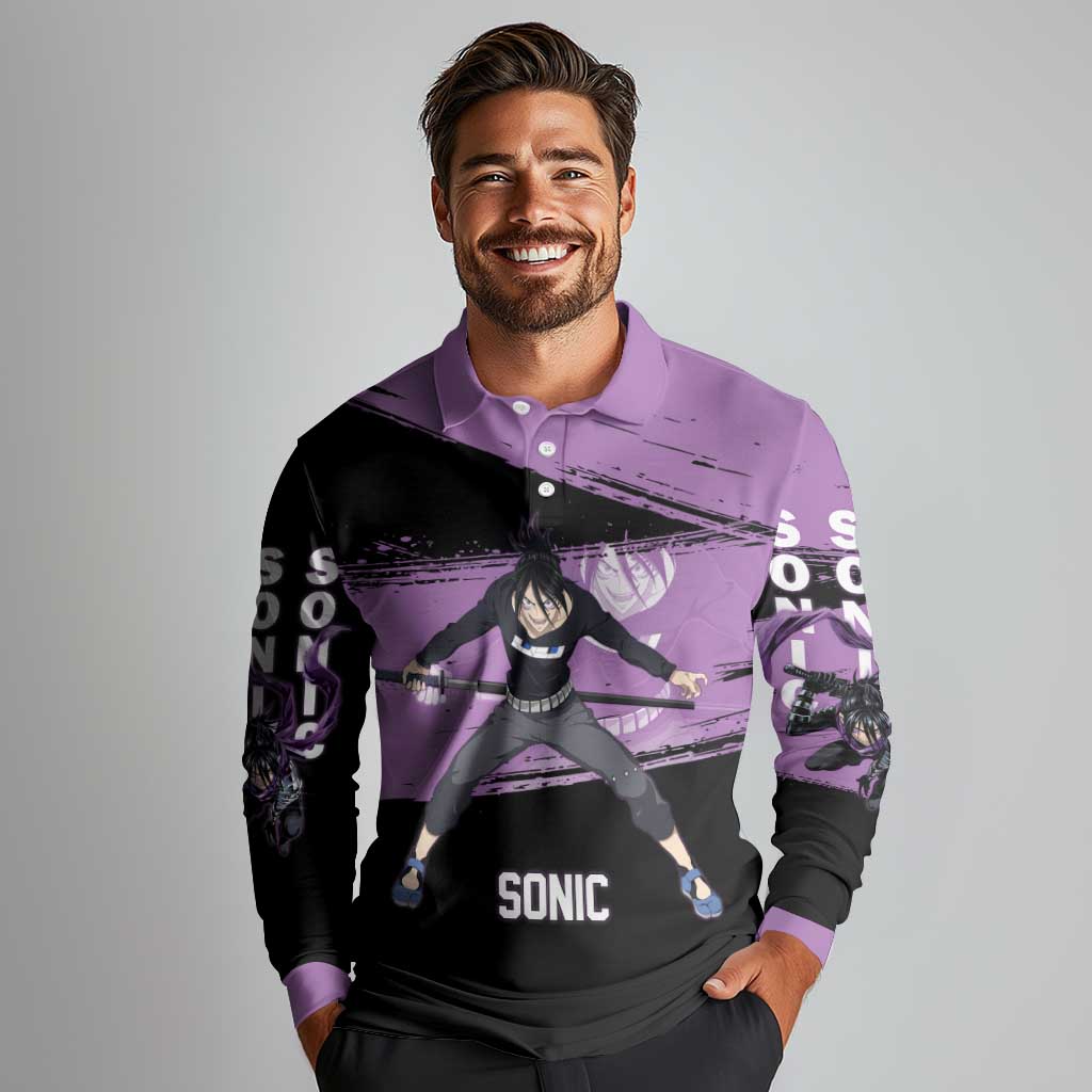 Sonic One Punch Man Anime Purple and Black Theme Long Sleeve Polo Shirt with Stealth Pose and High-Speed Ninja Design - The Mazicc