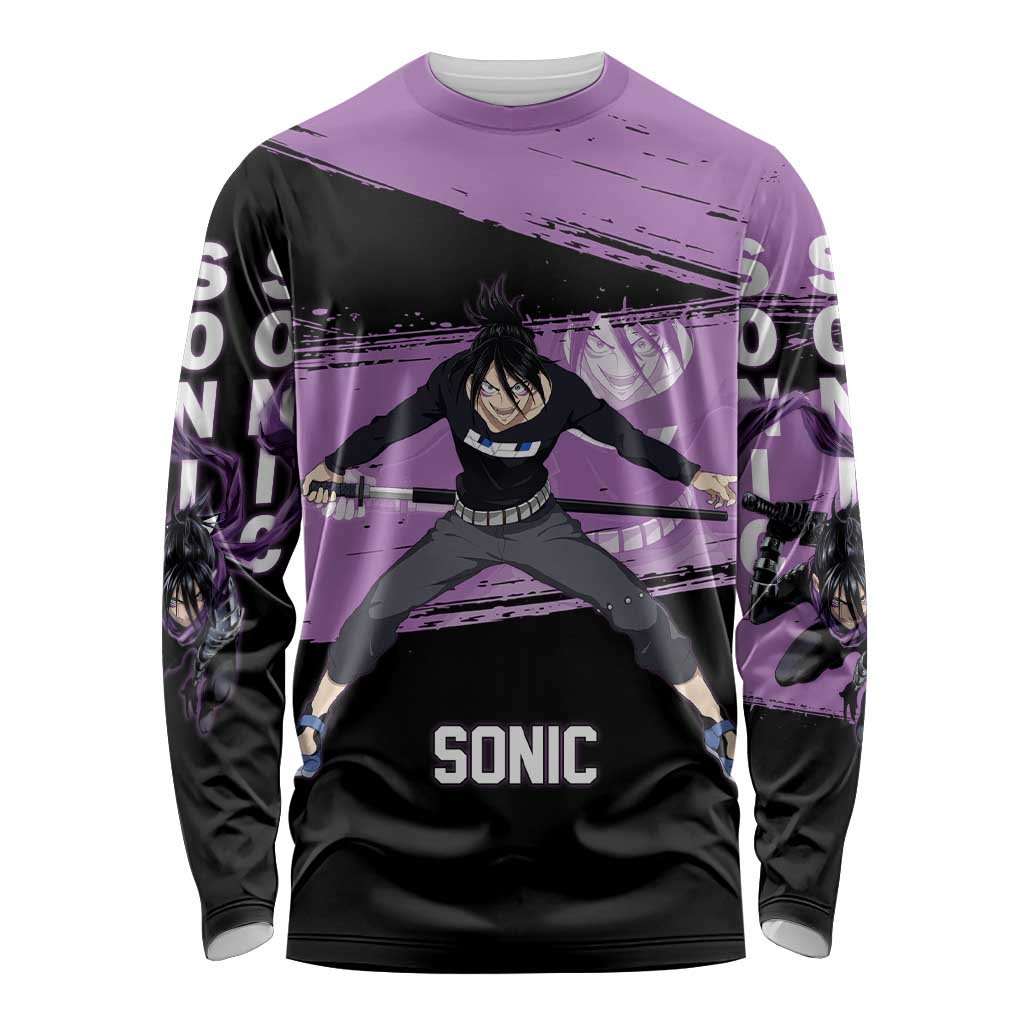 Sonic One Punch Man Anime Purple and Black Theme Long Sleeve Shirt with Stealth Pose and High-Speed Ninja Design - The Mazicc