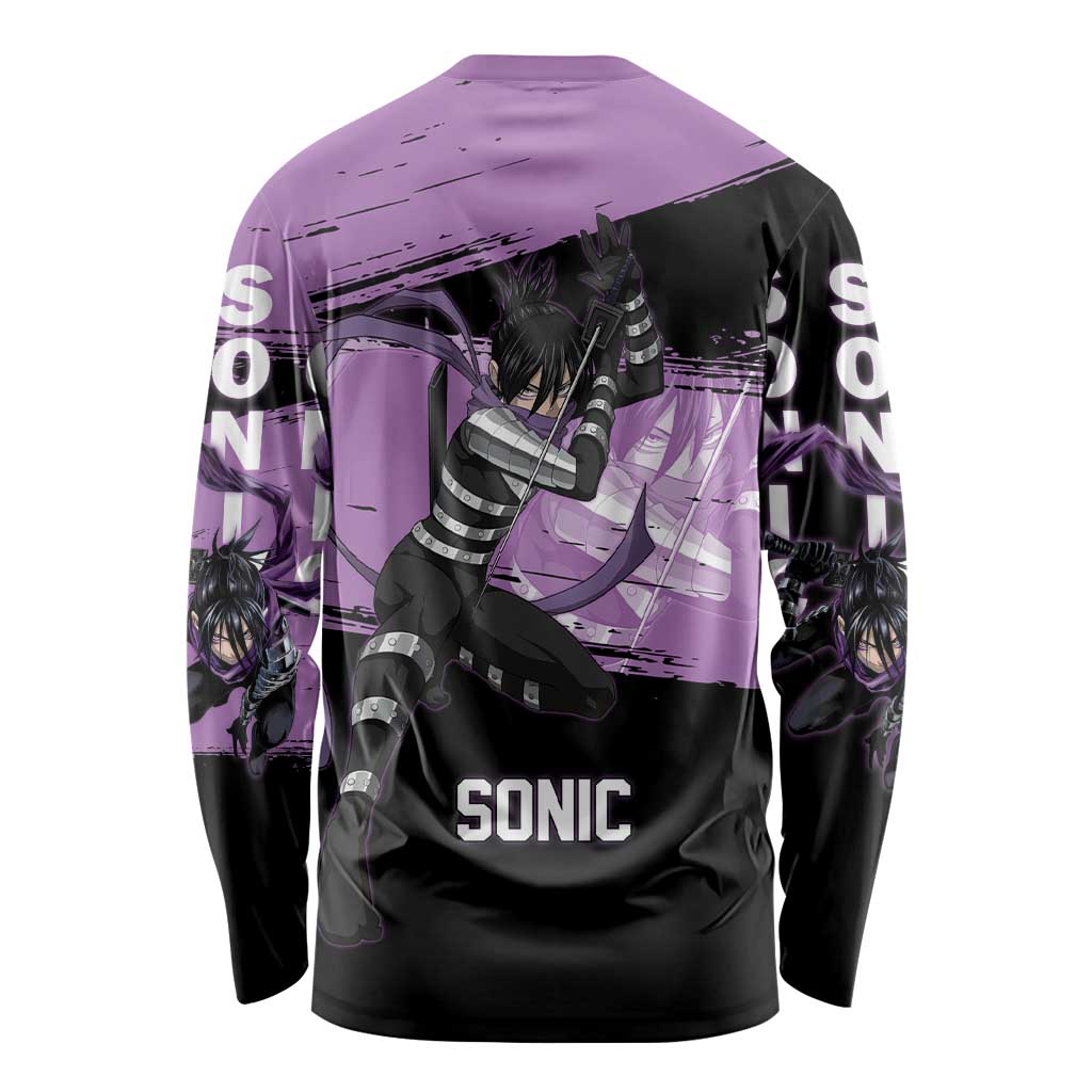 Sonic One Punch Man Anime Purple and Black Theme Long Sleeve Shirt with Stealth Pose and High-Speed Ninja Design - The Mazicc