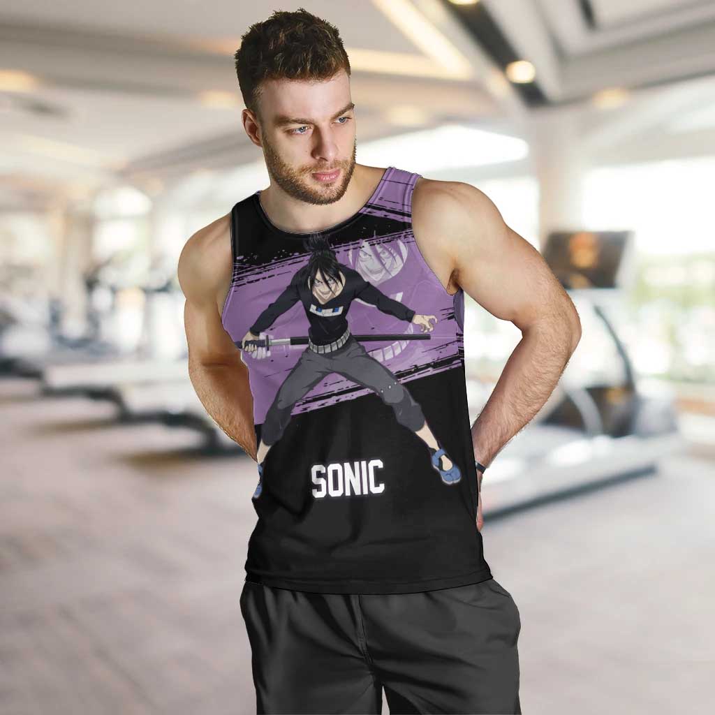 Sonic One Punch Man Anime Purple and Black Theme Men Tank Top with Stealth Pose and High-Speed Ninja Design - The Mazicc