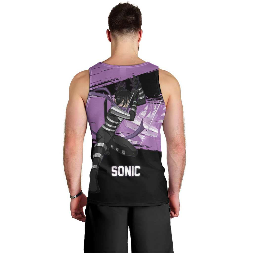 Sonic One Punch Man Anime Purple and Black Theme Men Tank Top with Stealth Pose and High-Speed Ninja Design - The Mazicc