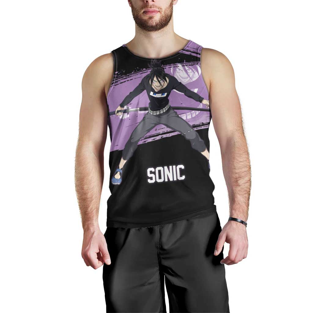 Sonic One Punch Man Anime Purple and Black Theme Men Tank Top with Stealth Pose and High-Speed Ninja Design - The Mazicc