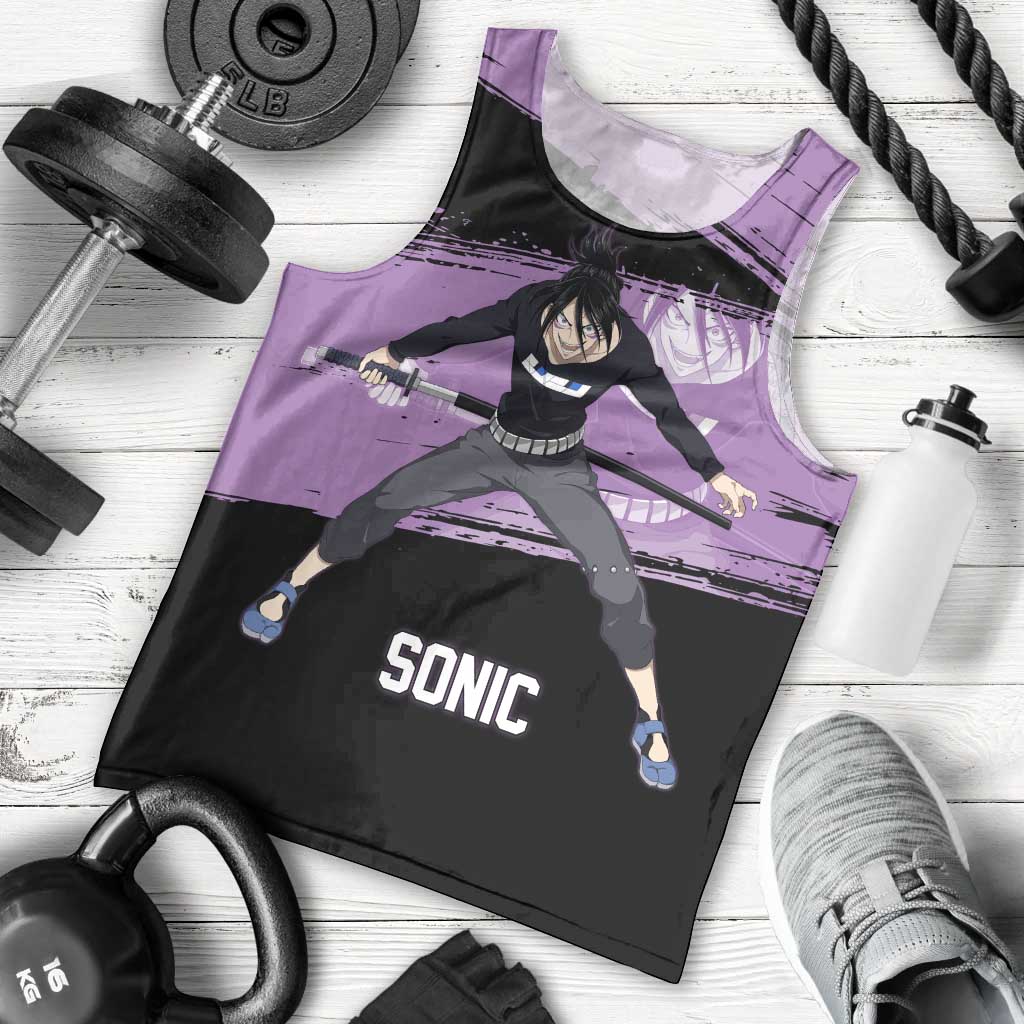 Sonic One Punch Man Anime Purple and Black Theme Men Tank Top with Stealth Pose and High-Speed Ninja Design - The Mazicc