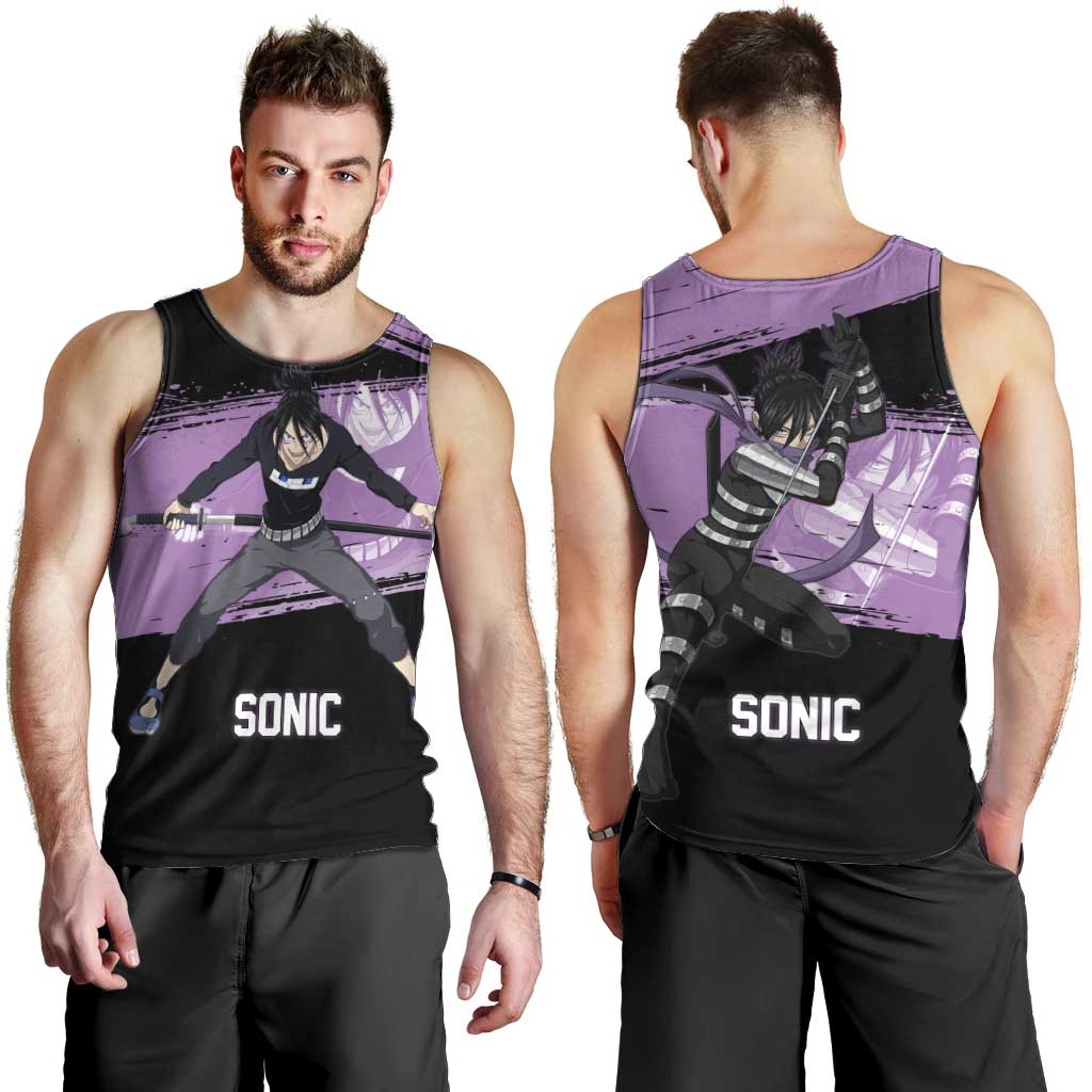 Sonic One Punch Man Anime Purple and Black Theme Men Tank Top with Stealth Pose and High-Speed Ninja Design - The Mazicc