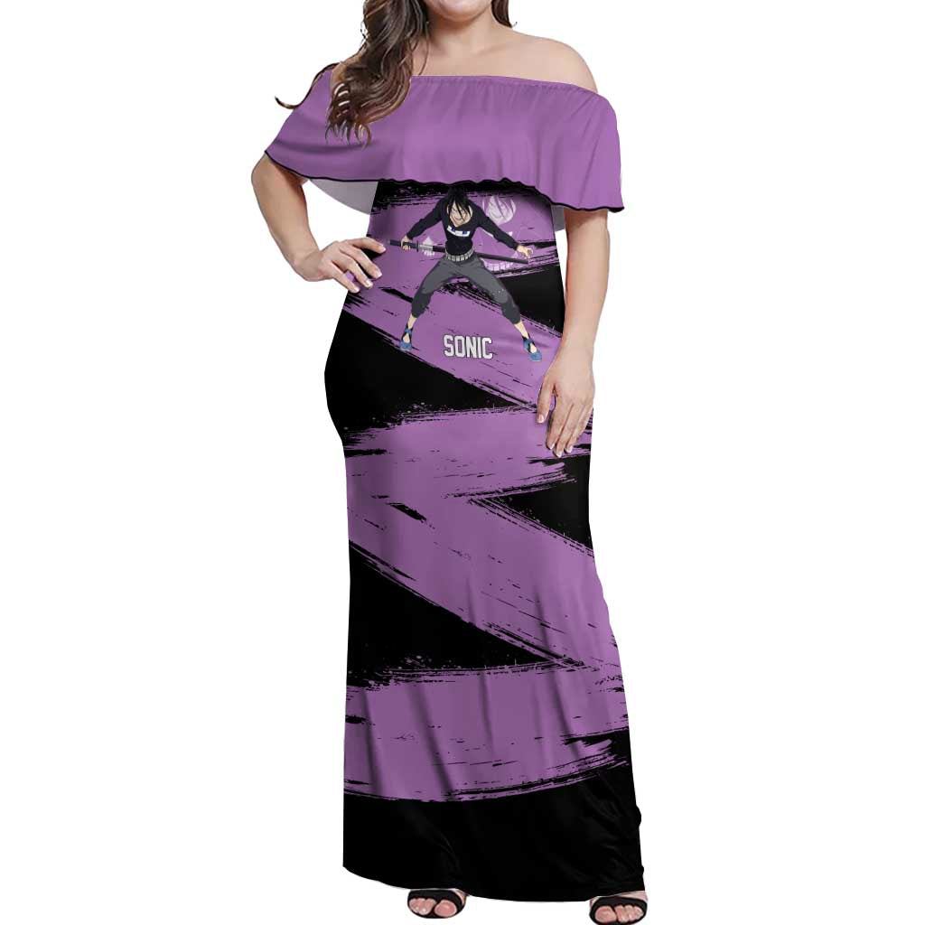 Sonic One Punch Man Anime Purple and Black Theme Off Shoulder Maxi Dress with Stealth Pose and High-Speed Ninja Design - The Mazicc