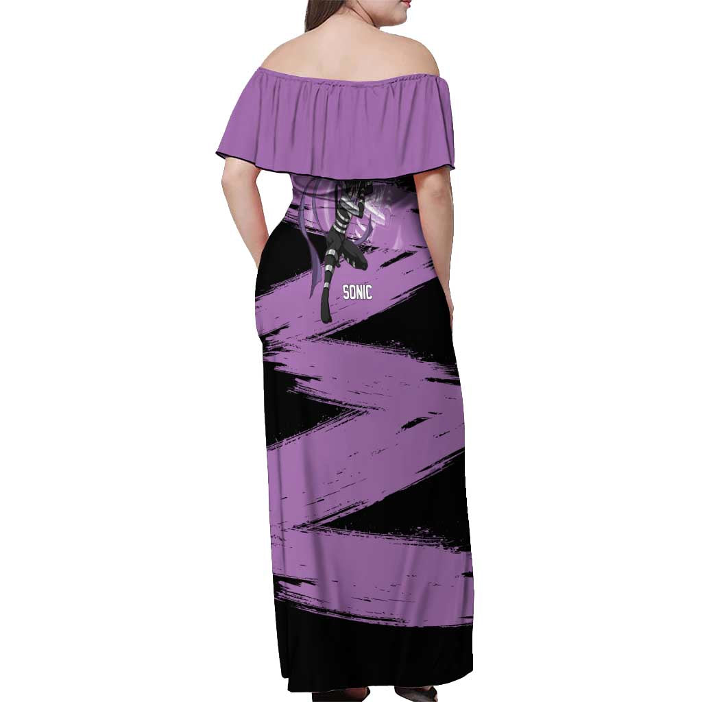 Sonic One Punch Man Anime Purple and Black Theme Off Shoulder Maxi Dress with Stealth Pose and High-Speed Ninja Design - The Mazicc