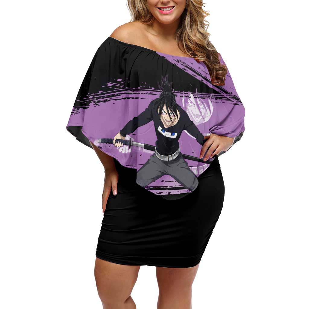 Sonic One Punch Man Anime Purple and Black Theme Off Shoulder Short Dress with Stealth Pose and High-Speed Ninja Design - The Mazicc