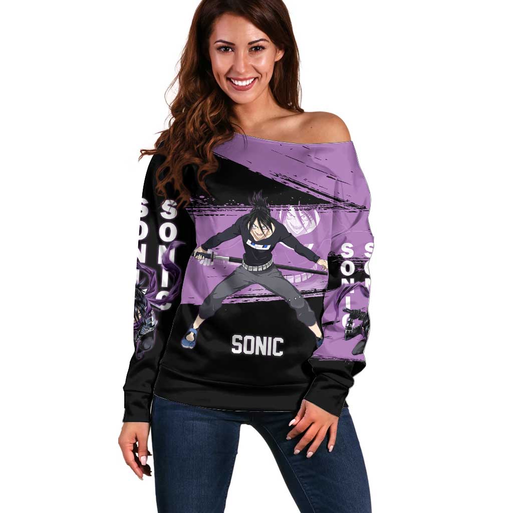 Sonic One Punch Man Anime Purple and Black Theme Off Shoulder Sweater with Stealth Pose and High-Speed Ninja Design - The Mazicc
