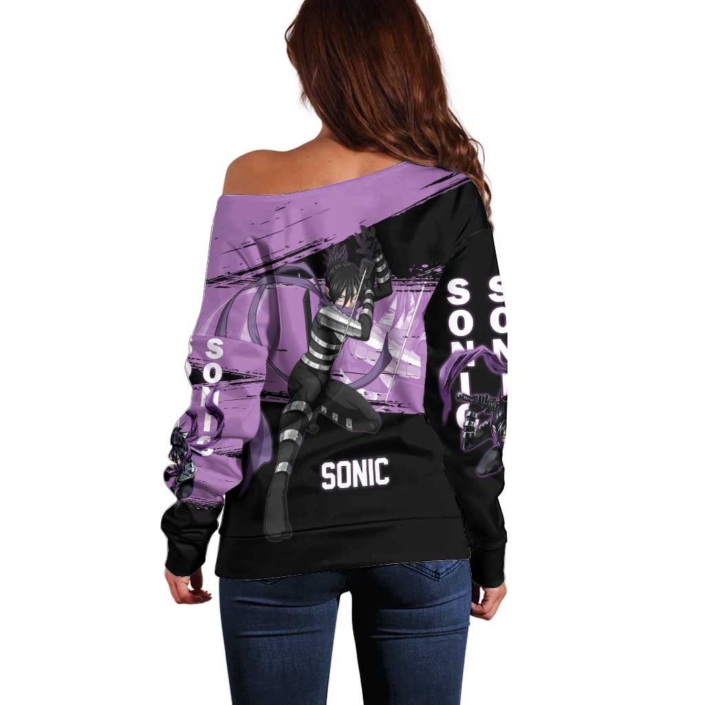 Sonic One Punch Man Anime Purple and Black Theme Off Shoulder Sweater with Stealth Pose and High-Speed Ninja Design - The Mazicc