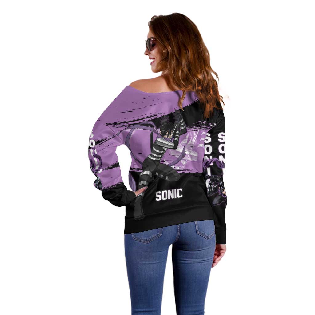Sonic One Punch Man Anime Purple and Black Theme Off Shoulder Sweater with Stealth Pose and High-Speed Ninja Design - The Mazicc