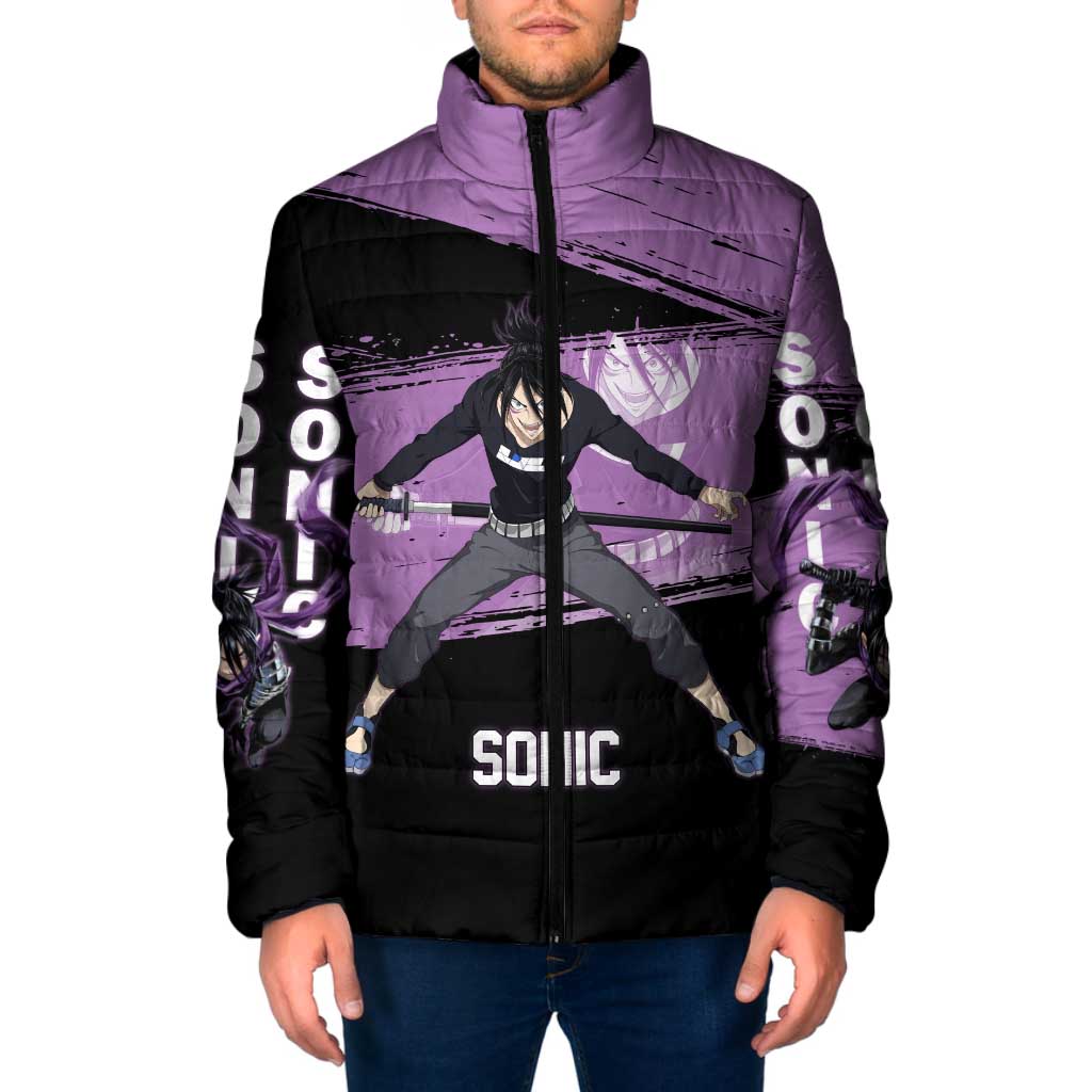 Sonic One Punch Man Anime Purple and Black Theme Padded Jacket with Stealth Pose and High-Speed Ninja Design - The Mazicc
