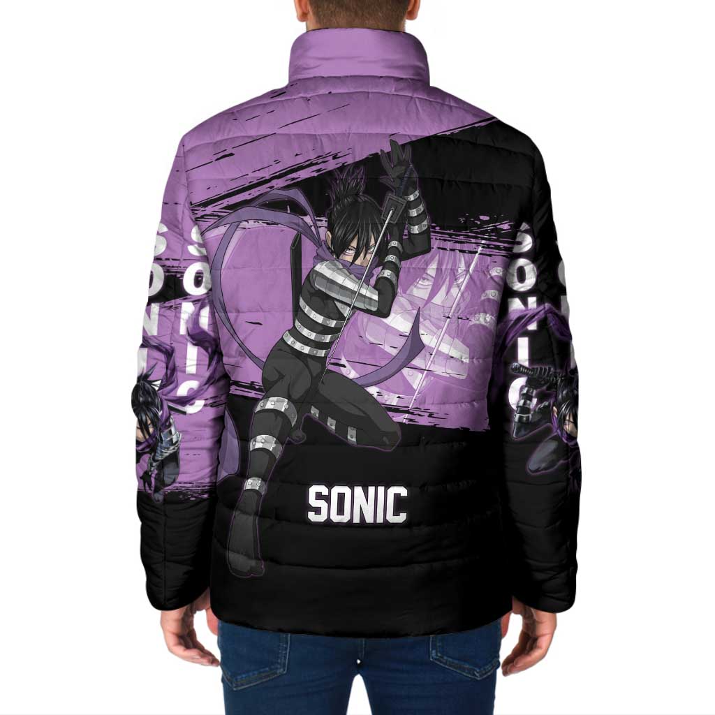 Sonic One Punch Man Anime Purple and Black Theme Padded Jacket with Stealth Pose and High-Speed Ninja Design - The Mazicc
