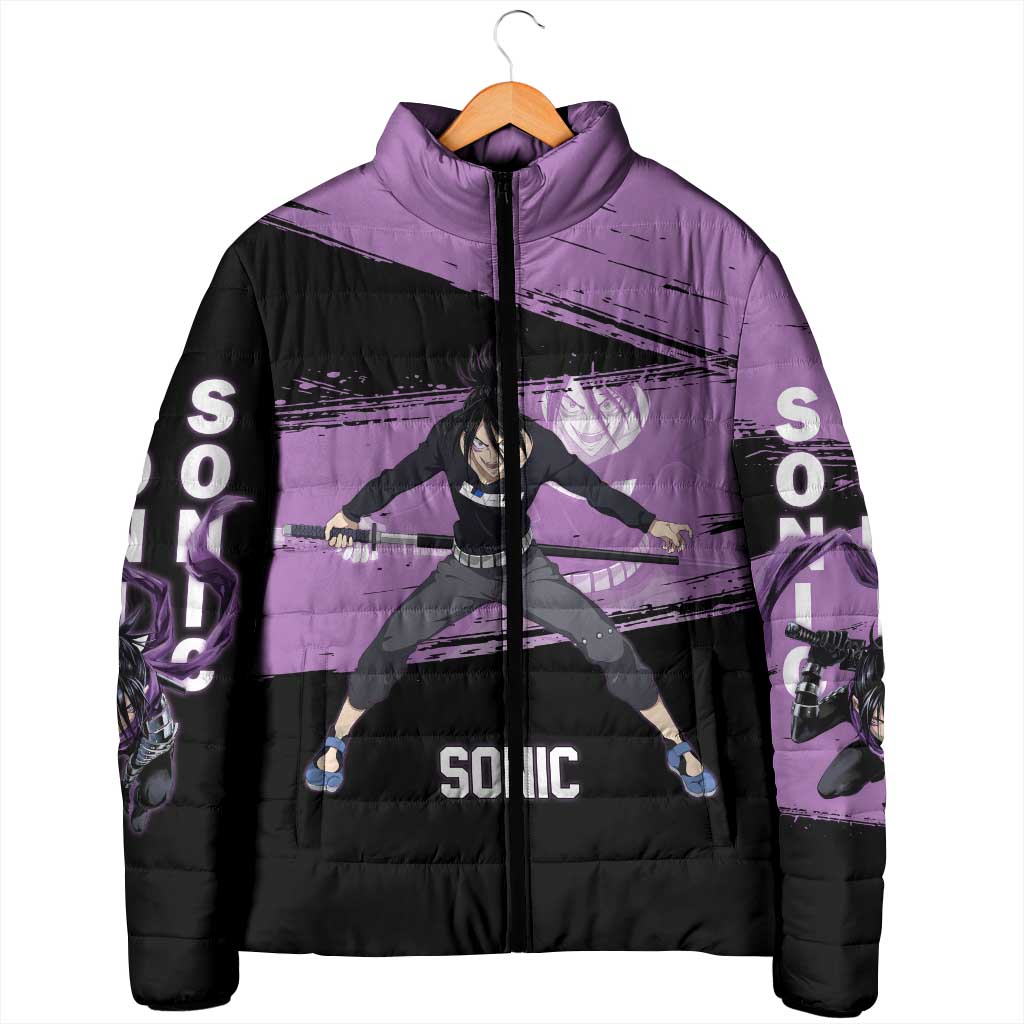 Sonic One Punch Man Anime Purple and Black Theme Padded Jacket with Stealth Pose and High-Speed Ninja Design - The Mazicc